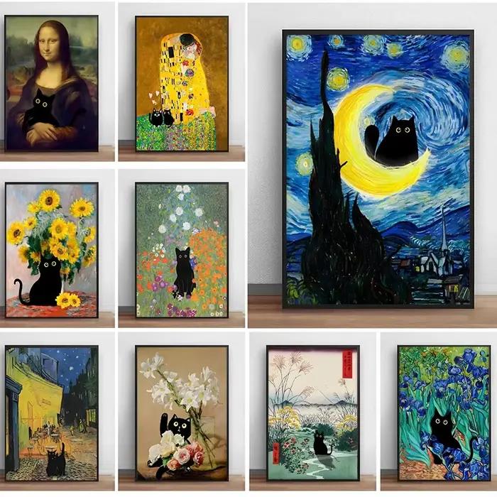 Peintures célèbres Mona Lisa nuit étoilée avec drôle chat noir affiche toile peinture tournesol Reproduction mur Art décor à la maison