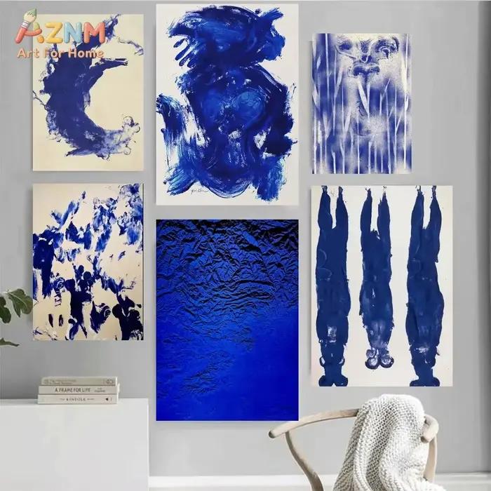 AZNM Peinture sur toile abstraite bleu Klein, art mural moderne texturé, motif éclaboussures d'encre, figure humaine, sans cadre, pour un style minimaliste