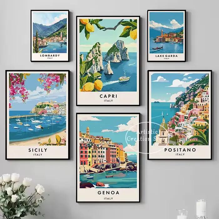 Aquarelle italie voyage villes italiennes côte Amalfi Alberobello Capri Tour affiche esthétique toile mur Art photos décor à la maison