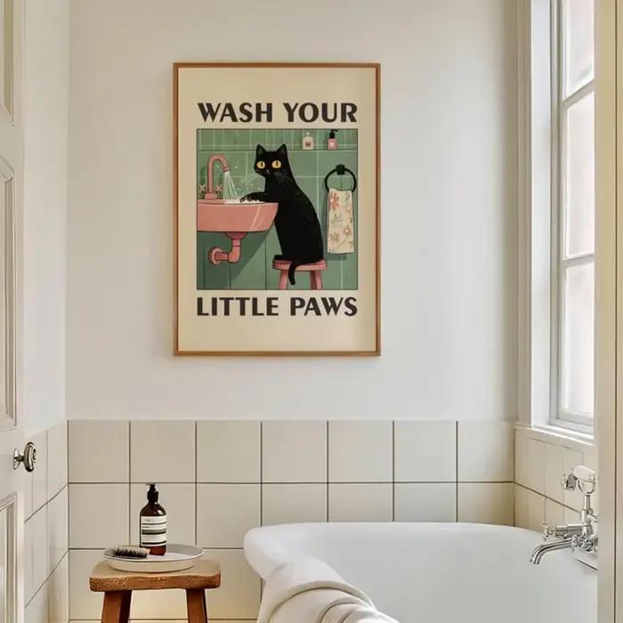 Affiche imprimée sur toile avec Illustration de chat «lavage vos pattes»