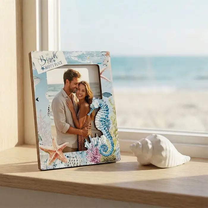 1 cadre photo en bois sur le thème de la plage côtière - Design nautique océanique - Support autoportant pour photos 5x3