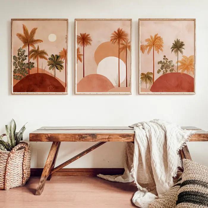 Ensemble d'art mural Boho en terre cuite avec palmiers, impressions sur toile abstraites de coucher de soleil tropical et désertique, décoration intérieure chaleureuse et terreuse, et cadeaux parfaits