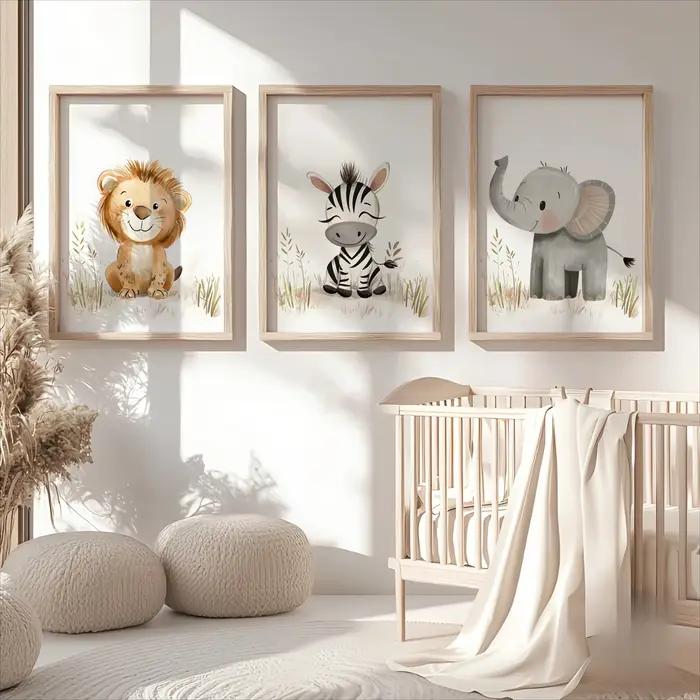Lot de 1/3 tableaux muraux imprimés sur toile, motifs animaux mignons (lions, zèbres et éléphants), style safari nordique, idéal pour la décoration intérieure moderne