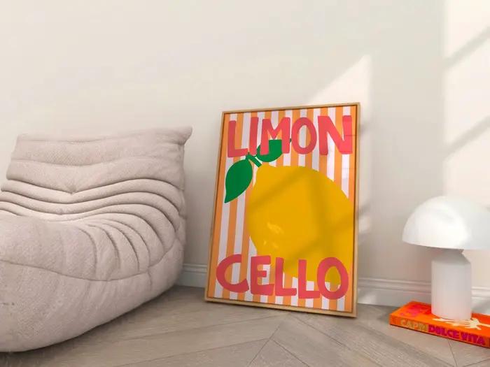 Impression sur toile moderne avec motif de limoncello italien et de citron - Affiche sur toile minimaliste d'été sans cadre pour la décoration du salon et de la cuisine
