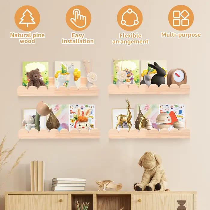 Étagère de rangement murale en bois festonné, 3/4 pièces, forte charge, étagère murale flottante en bois avec crochet, présentoir décoratif