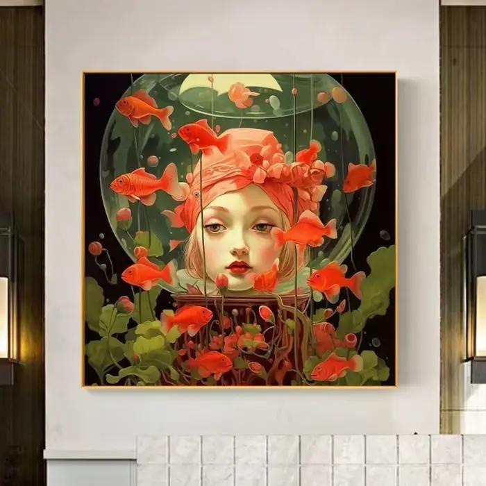 Surréalisme femme Portrait toile peinture mur Art merveilleux fantaisie poisson et fille affiche imprime pour salon décor à la maison