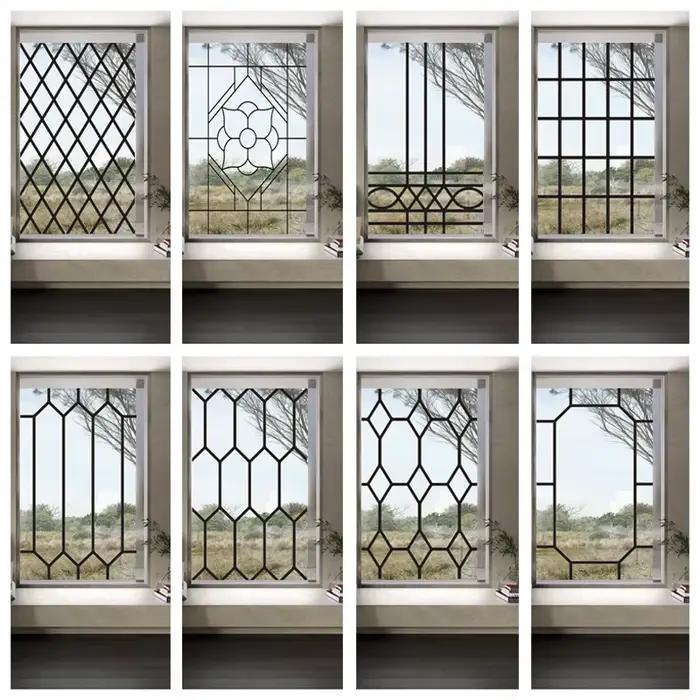 Film de Vitrail Transparent, Autocollant en Verre, Style Fer, Ligne Noire, Porte de Bureau, Anticollision, Décoration de Maison