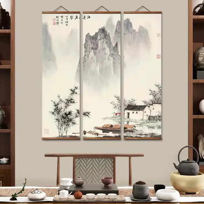 Affiches murales décoratives en toile de Style chinois MT4024, paysage de pêcheur sur bord de rivière, peintures en rouleau en bois massif