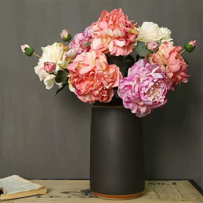 Luxe longue branche peinture à l'huile pivoine Rose fleurs en soie