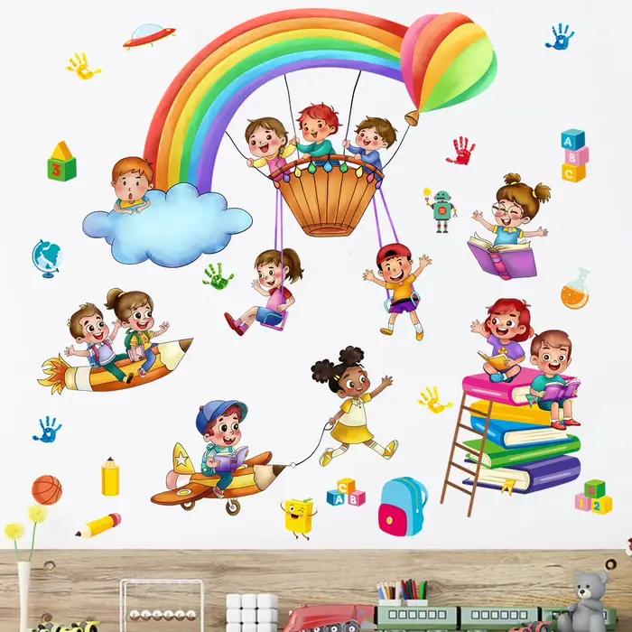 Dessin animé enfants jouent jeu arc-en-ciel autocollant mural auto-adhésif école salle de classe