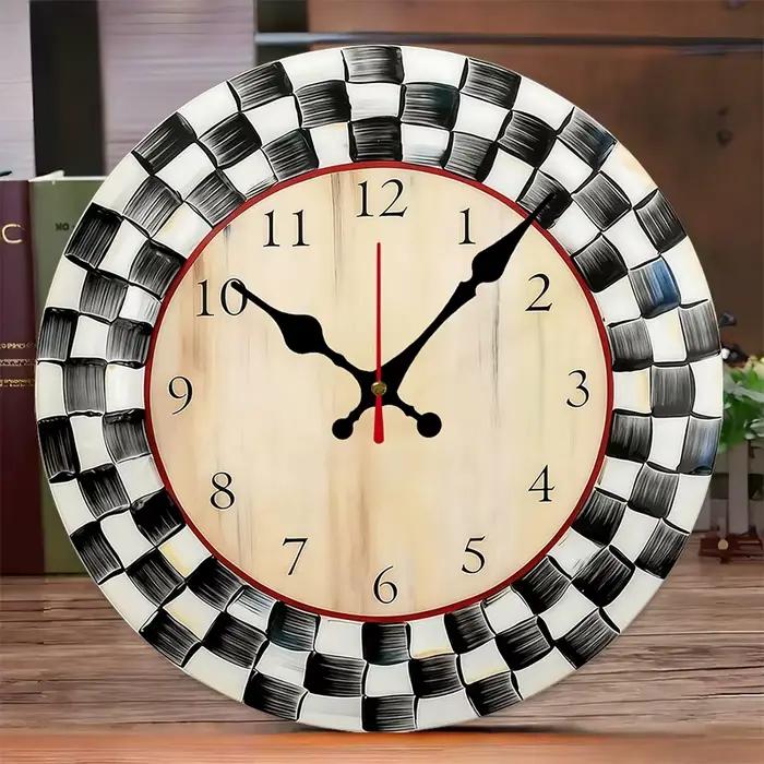 Horloge murale suspendue silencieuse ronde en bois à grille noire et blanche