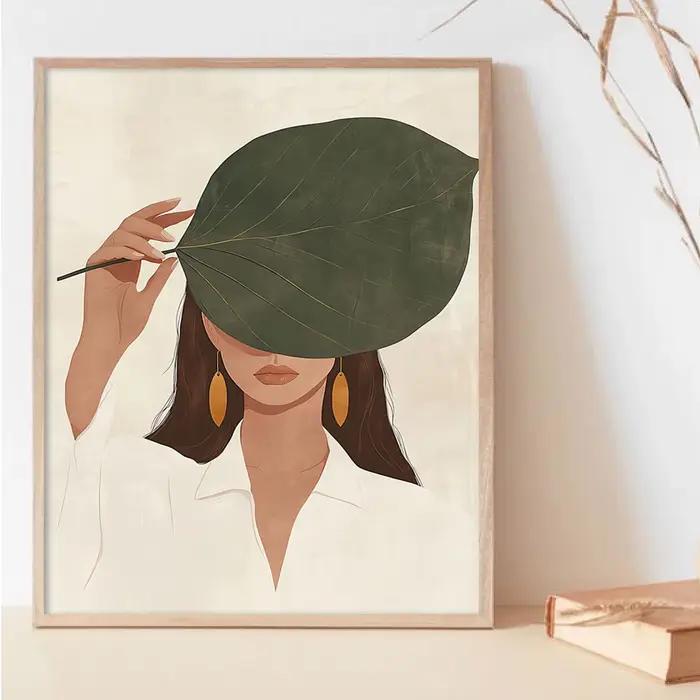 Affiche sur toile « Femme cachant son visage avec des feuilles »