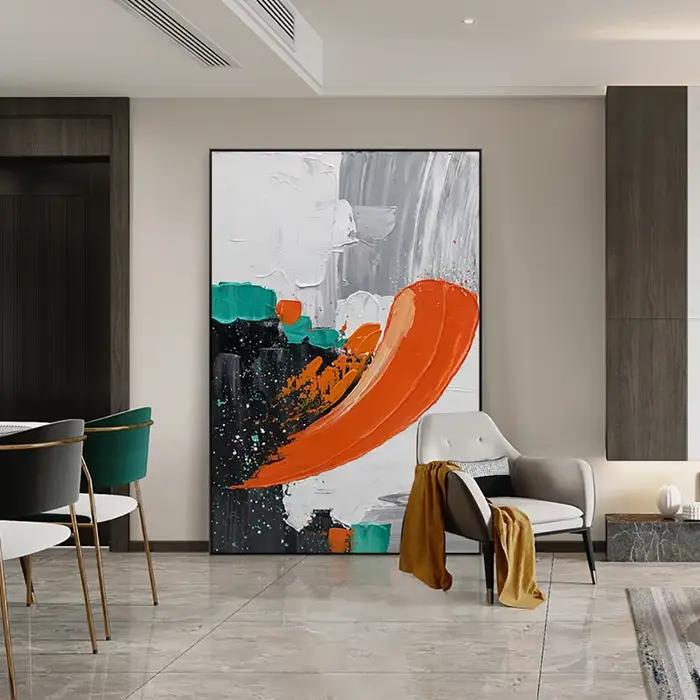 Grande peinture à l'huile abstraite orange peinte à la main