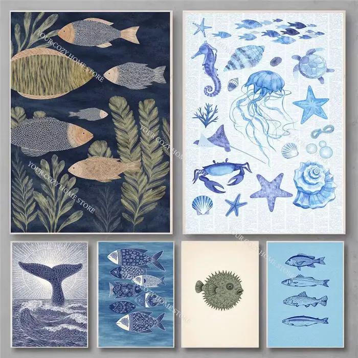 Affiche d'art minimaliste nautique avec poissons et vagues