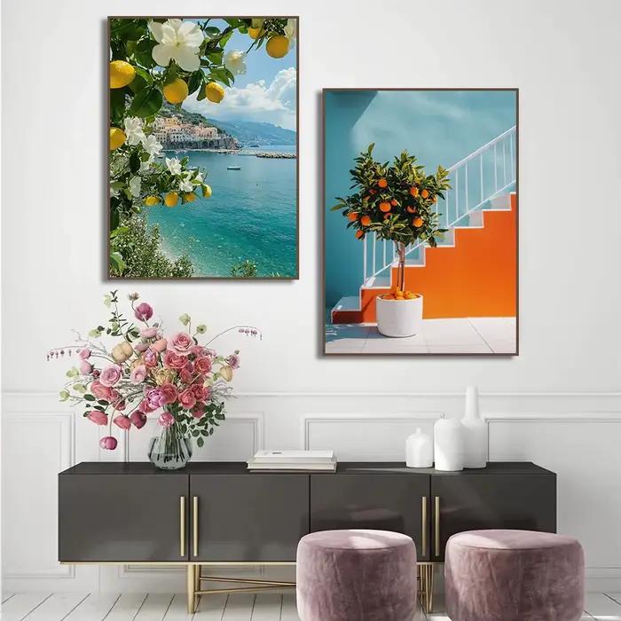 Tableau sur toile imprimé Paysage Méditerranéen Rétro Italie Citron Orange Olives Grèce