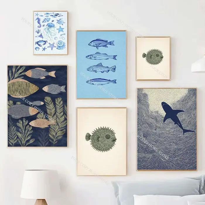 Affiche d'art minimaliste nautique avec poissons et vagues