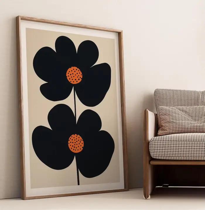 "Imprimé d'art floral minimaliste moderne du milieu du siècle : design double fleur noir audacieux avec des centres de