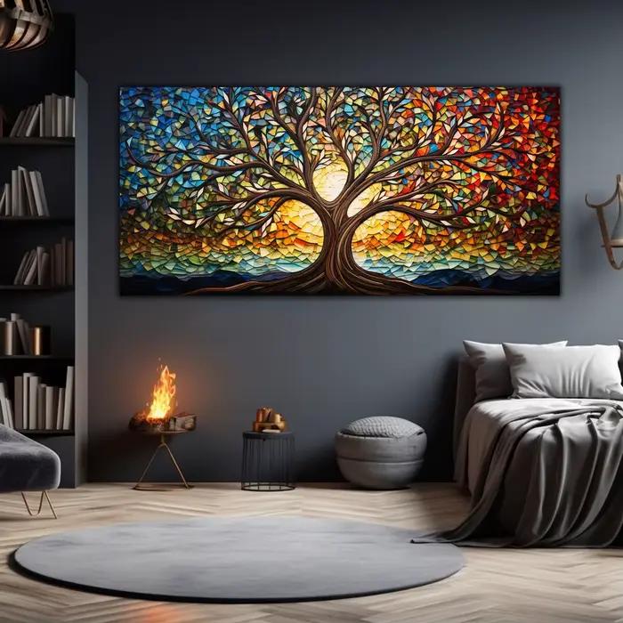Peinture sur toile en verre mosaïque colorée, toile d'art d'arbre de vie imprimée, cadeau de mythologie, pour salon, bureau, décoration de la maison