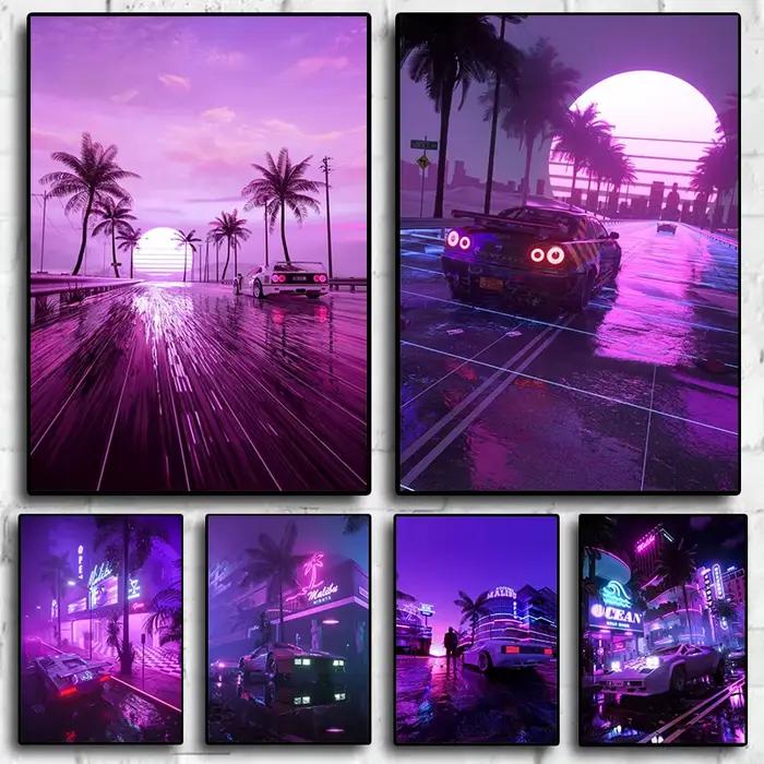 Neon Night City Paysage Affiches de voiture Cyberpunk rétro des années 80