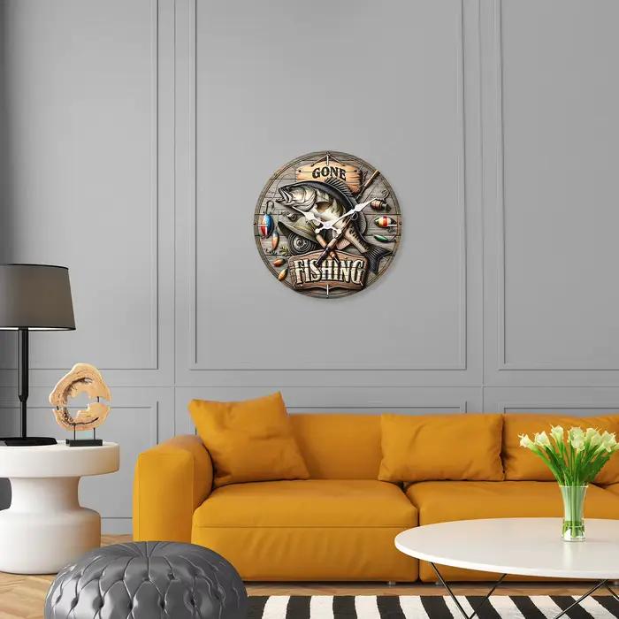 Modèle d'équipement de pêche personnalisé Horloge murale en bois Salon Chambre Cuisine Décoration de la maison