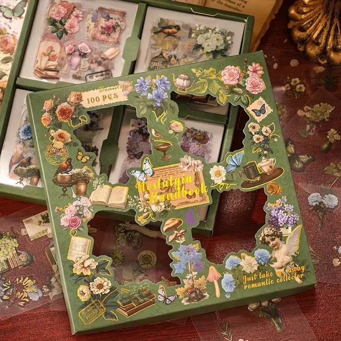 100 autocollants vintage en boîte