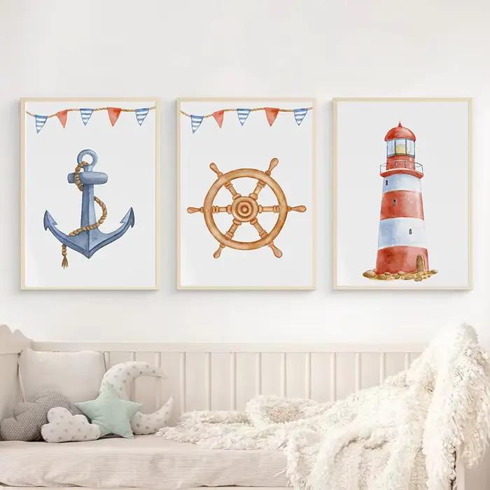 Aquarelle pépinière océan nautique bateau ancre phare affiche imprime