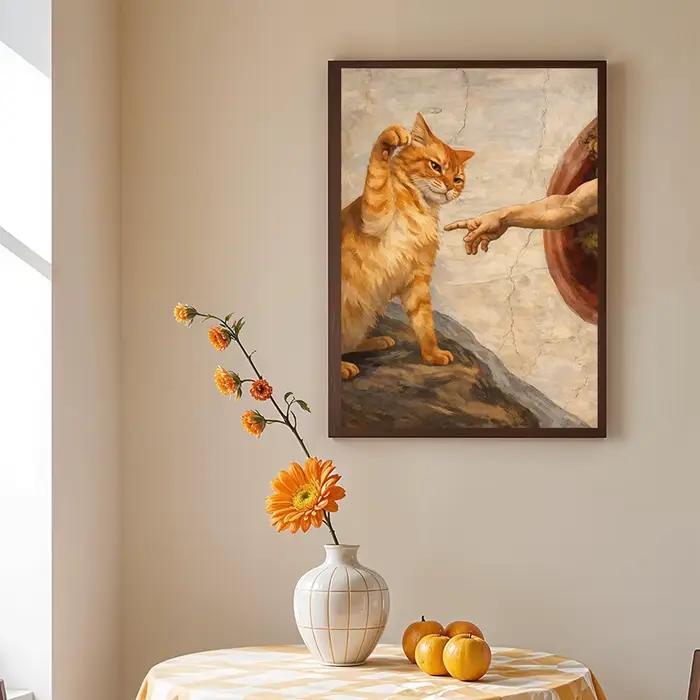 Impression murale drôle de la création d'Adam avec un chat orange