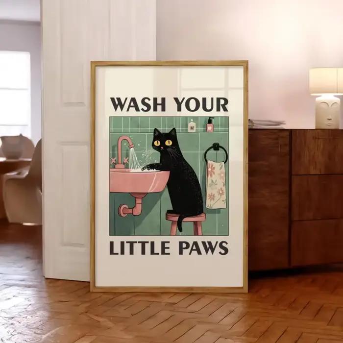 Affiche imprimée sur toile avec Illustration de chat «lavage vos pattes»