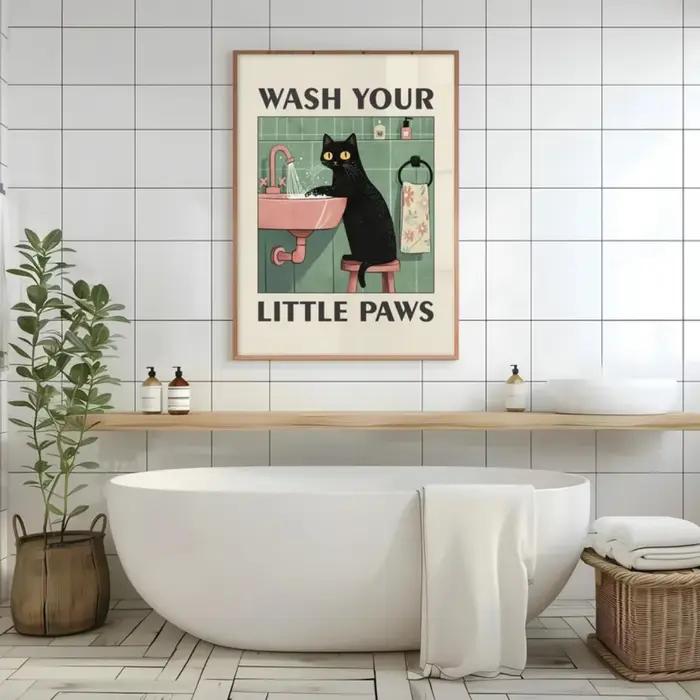 Affiche imprimée sur toile avec Illustration de chat «lavage vos pattes»