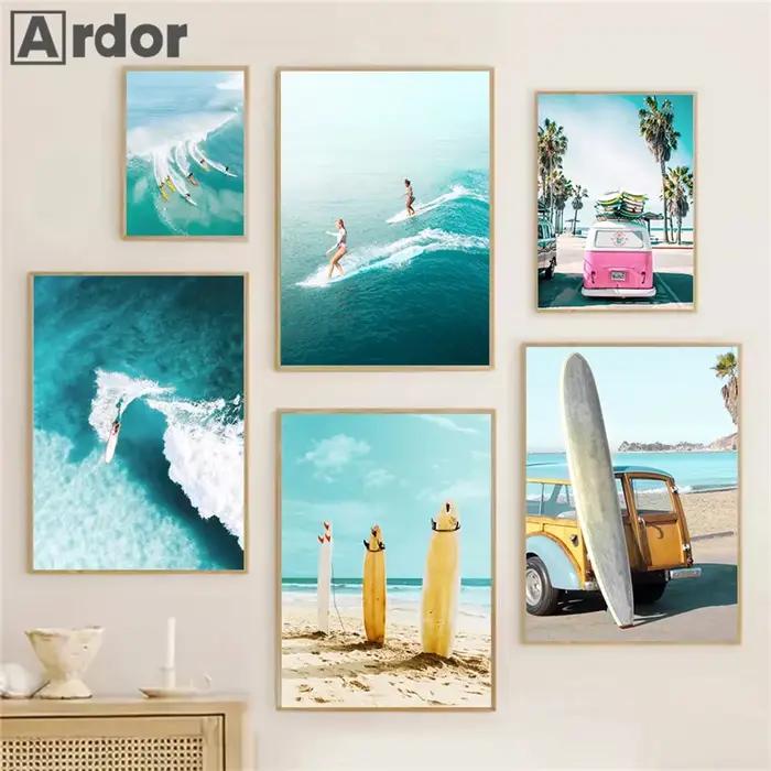 Affiche de mer nordique pour décoration de salon, impression d'art mural, peinture sur toile, plage d'été, surf, natation, bus, planche de surf