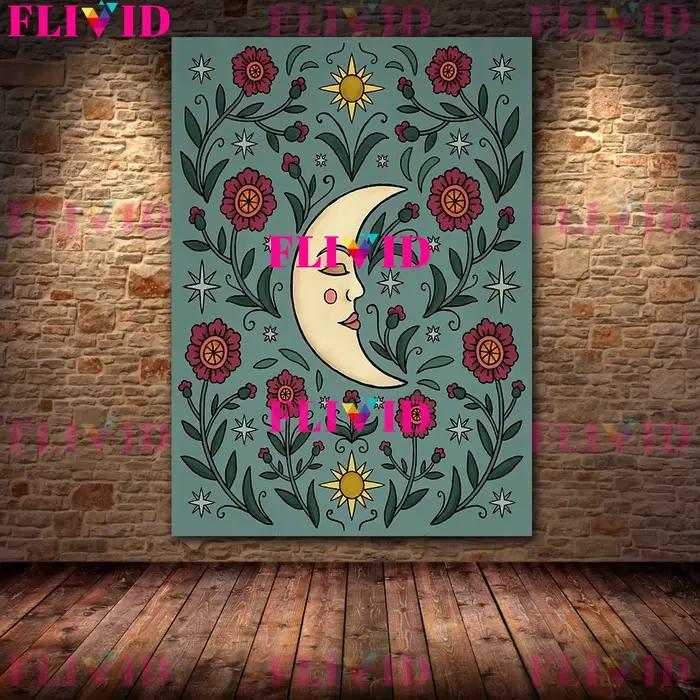Peinture sur toile d'art mural abstrait, soleil et lune, affiche et impression d'art de voyage, illustration folklorique de phase de lune, décor à la maison, sans cadre