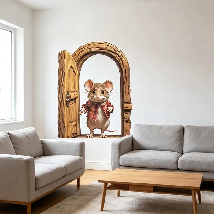 Autocollant Mural Souris Mignonne qui Ouvre la Porte