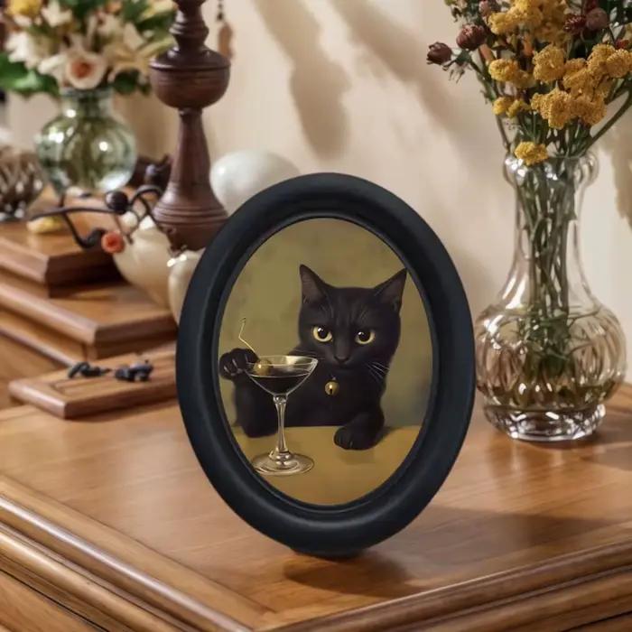 1 décoration murale vintage représentant un chat noir buvant un cocktail martini