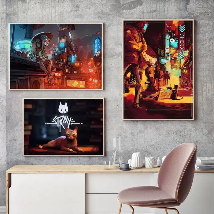Affiche de jeu Stray, Peinture sur toile murale moderne d'aventure vidéo sur le thème de la survie des chats