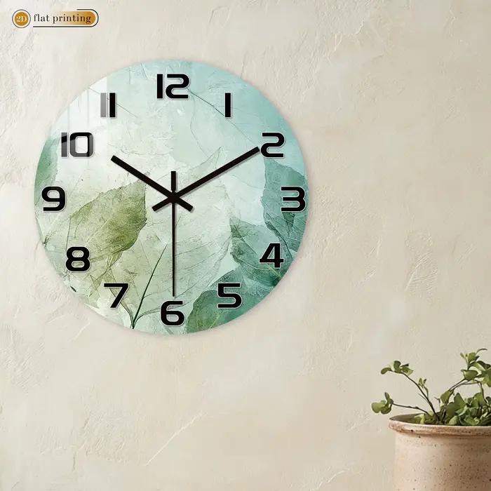 Horloge murale imprimée feuilles vertes fraîches – Motif botanique minimaliste
