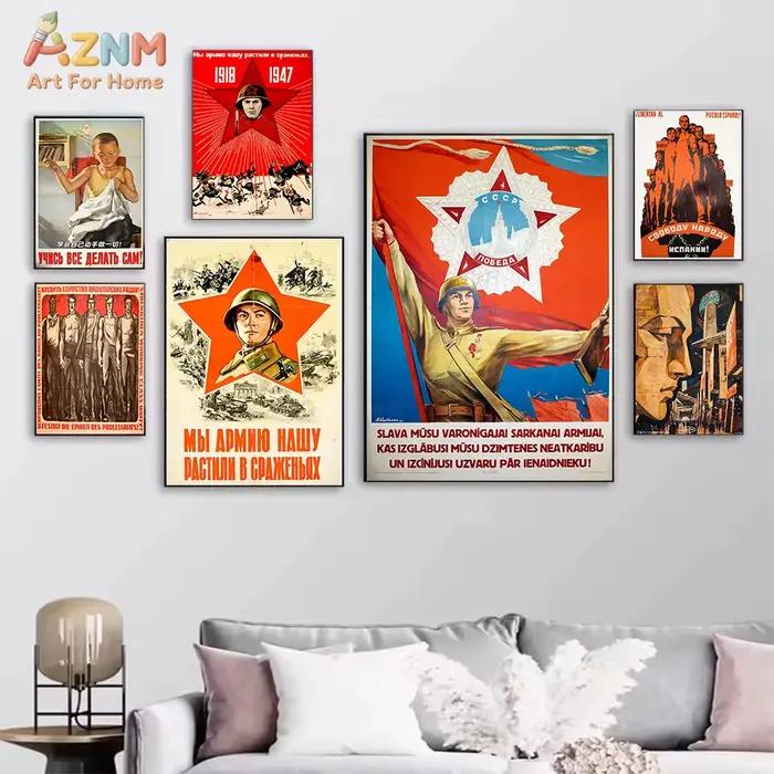 AZNM Peinture sur toile vintage de propagande militaire soviétique