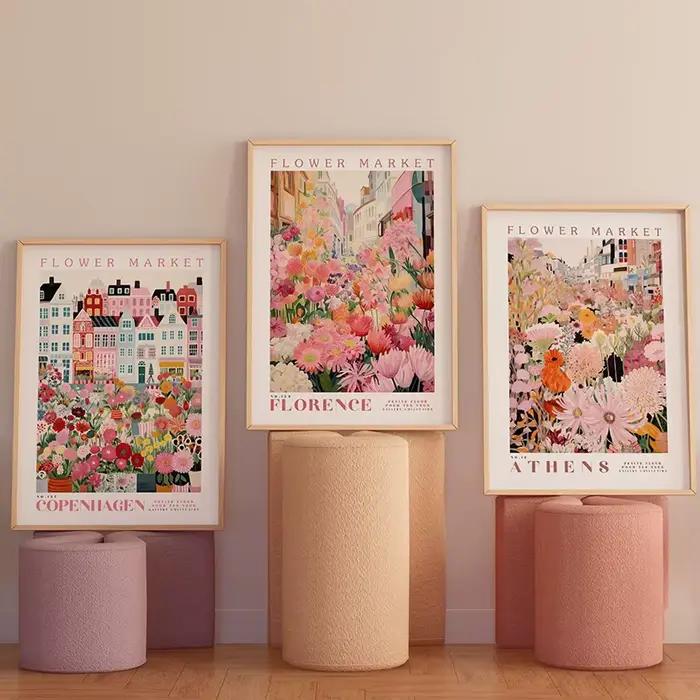 Lot de 3 affiches d'art sur toile modernes sur le thème du marché des fleurs