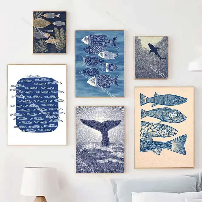 Affiche d'art minimaliste nautique avec poissons et vagues