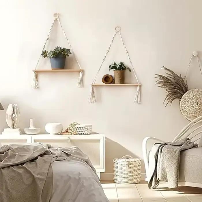 Étagères murales flottantes en macramé en bois