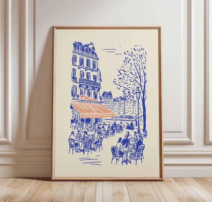 Affiche d'art linéaire sur le thème des cafés de Paris