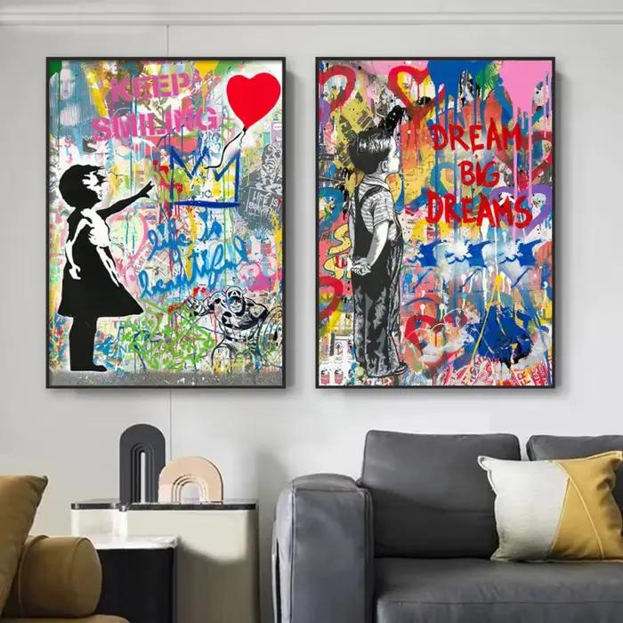 Pop Rue Graffiti Mur Art Banksy Garçon Fille Dans L'amour HD Huile Sur Toile Affiches Et Impressions Pour Salon Chambre Décor