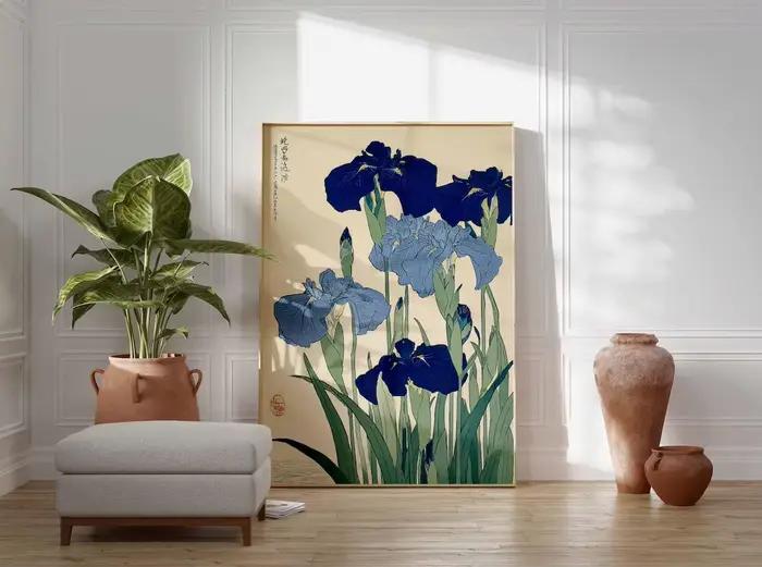 Art mural élégant Ukiyo-E à l'iris bleu - Pour les passionnés de nature ou tout ceux qui aiment une décoration intemporelle et discrète