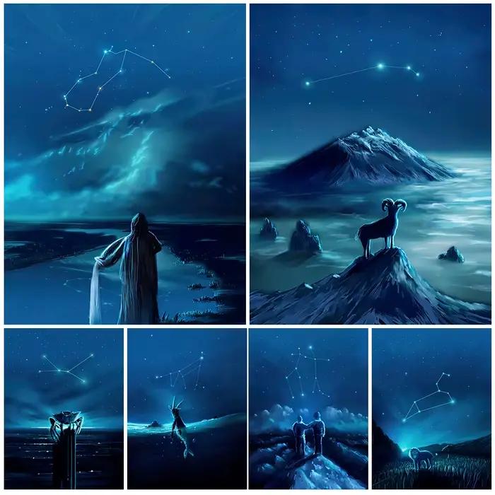 Affiche d'art d'astrologie bleue de signes du zodiaque et impression de douze Constellations