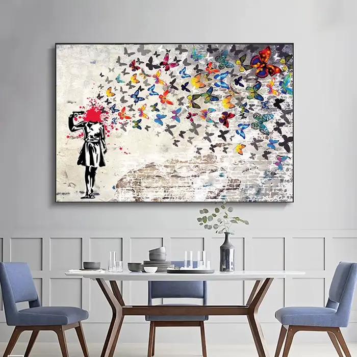 Banksy Art fille avec papillon Graffiti toile peinture rue Art affiche et impressions photos murales pour salon décor à la maison
