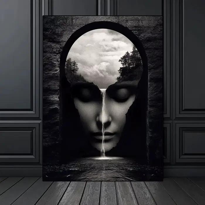 Affiche murale abstraite de paysage de visage de montagne de femme de nature humaine