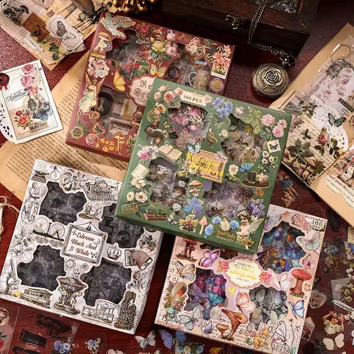 100 autocollants vintage en boîte