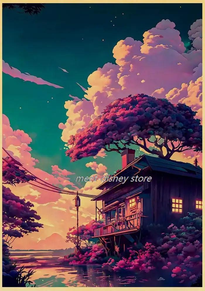 Affiche de paysage de crépuscule de forêt de bord de mer