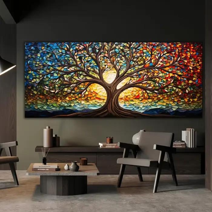 Peinture sur toile en verre mosaïque colorée, toile d'art d'arbre de vie imprimée, cadeau de mythologie, pour salon, bureau, décoration de la maison