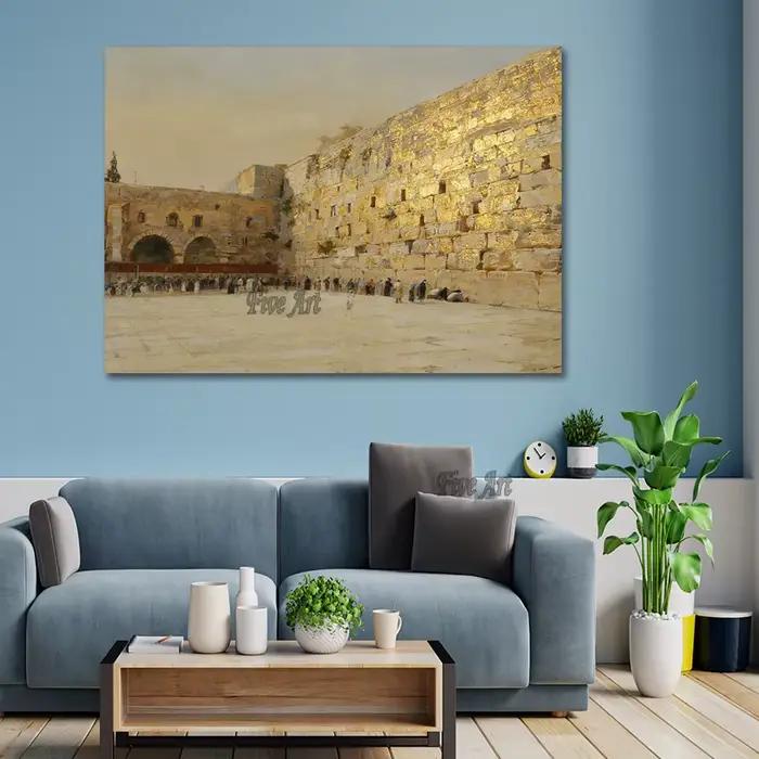 Peinture murale grand format de luxe - Tableaux personnalisables Prière juive sur les murs de Jérusalem Feuille d'or Judaïsme Israël Art sur toile