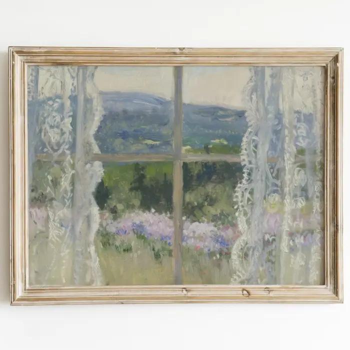 Tableau mural en dentelle avec vue sur une prairie - Impressionniste rêveuse d'une fenêtre surplombant